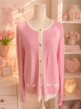 Zara Pink Contrast Trim Gold Button Cardigan Sweater XL